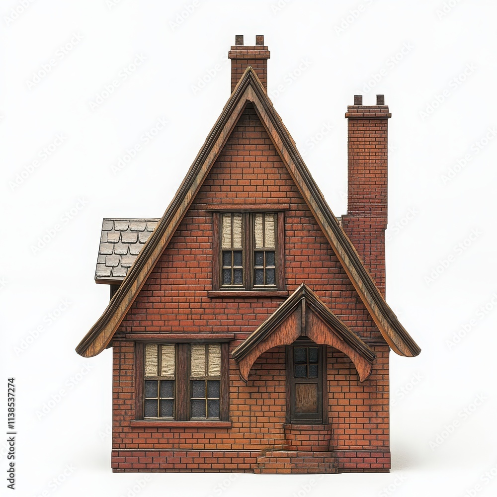 A traditional brick house with a triangular roof and a chimney on a white background A traditional brick house with a triangular roof and a chimney on a white background