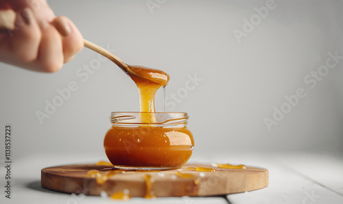 Salted caramel in a glass jar on a dark marble background. Homemade salted caramel sauce. Caramel sauce drips from spoon in hand. Space for text. Copy space.