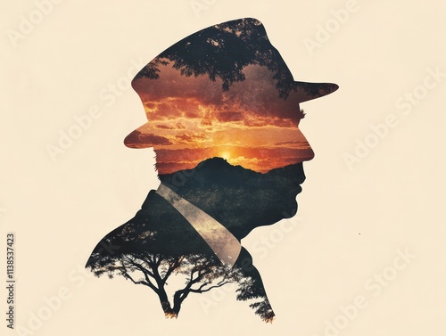 silhouette of a  men wearing a isicholo hat in the shape of africa, in earthy colors with nature growing out of him photo