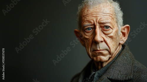 Portrait of a pensive elderly man with gray hair and blue eyes.