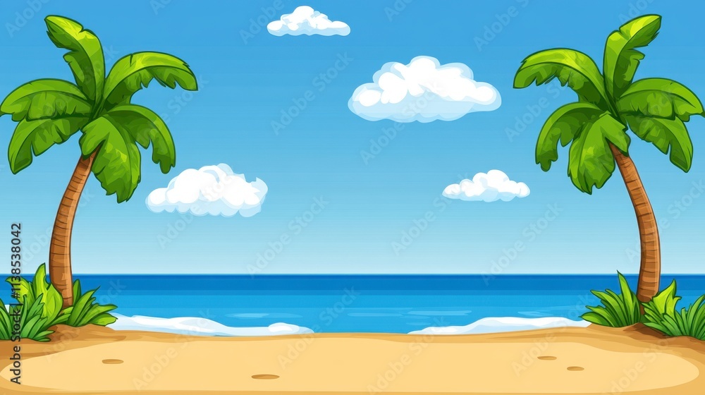 Fototapeta premium Tropical Beach Scene with Palm Trees and Clear Blue Sky Background