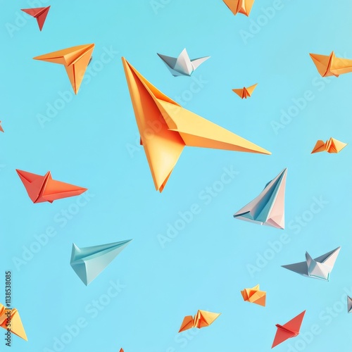 Colorful paper airplanes flying in a clear blue sky creating a whimsical atmosphere