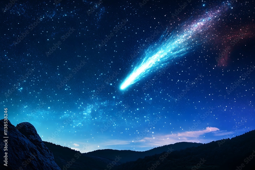 Stunning Night Sky with Vibrant Comet Illuminating the Cosmos Over Majestic Mountains and Sparkling Stars in a Celestial Scene of Astounding Beauty Stunning Night Sky with Vibrant Comet Illuminating the Cosmos Over Majestic Mountains and Sparkling Stars in a Celestial Scene of Astounding Beauty