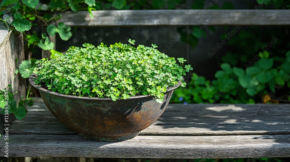 Clover plants growing in an antique enamel basin, placed on a rustic wooden bench in a shaded garden Clover plants growing in an antique enamel basin, placed on a rustic wooden bench in a shaded garden