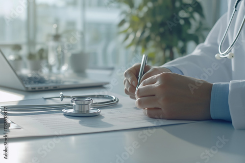 Doctor signing documents with stethoscope and laptop on desk in modern medical office during the day. Generative AI