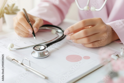 Healthcare professional conducting an examination with a stethoscope and notes in a clinical setting. Generative AI