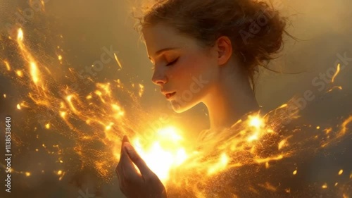 Woman is holding a heart in her hand. The heart is glowing with a bright light. The woman is surrounded by a cloud of dust