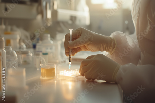 Laboratory technician conducting experiments with samples in a well-equipped facility during daylight hours. Generative AI