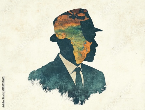 Silhouette of a US president wearing an isicholo hat in the shape of the africa, in earth colors, with a map of the Middle East inside  photo