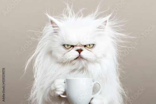 Disheveled white Persian cat with a grumpy expression holds a coffee cup, showcasing the struggle of a rough morning awakening in cozy surroundings