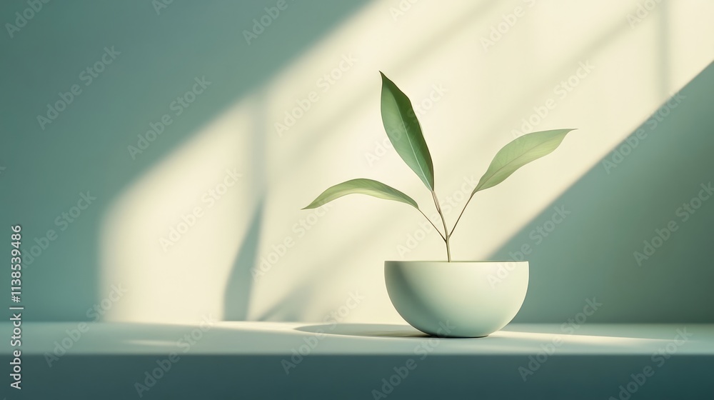 A serene indoor plant in a minimalistic white pot, thriving in soft light and creating a calm atmosphere in the room.