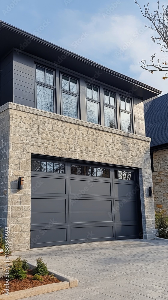 Fototapeta premium Modern garage design with large windows and gray stone finish in residential area