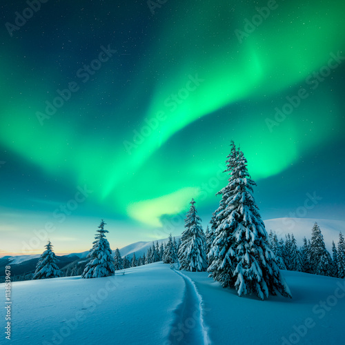 Obraz na płótnie Fairy winter mountains with snowy fir-trees and incredible Northern lights in starry sky