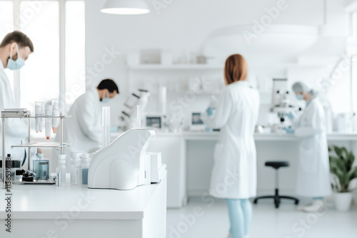 Scientists conduct research in a bright laboratory using modern equipment and maintaining safety protocols. Generative AI