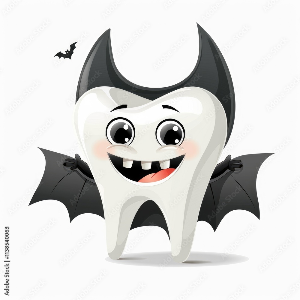 Tooth Halloween. Cute Cartoon Tooth Character in Bat Suit, Trick or Treat Concept Tooth Halloween. Cute Cartoon Tooth Character in Bat Suit, Trick or Treat Concept