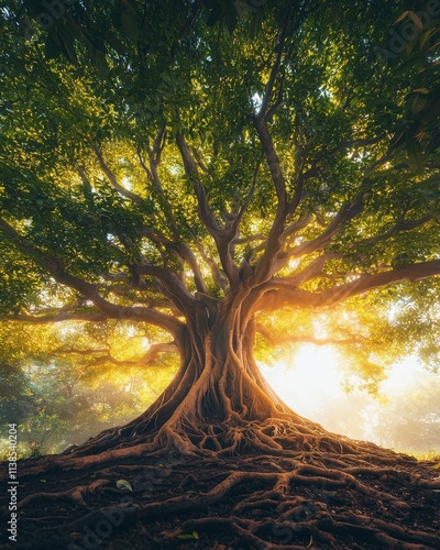 Majestic Tree with Extensive Roots and Lush Green Foliage in Light