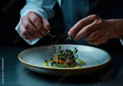 Fototapeta Naklejka Na Ścianę i Meble -  Chef Decorating Exquisite Dish with Microgreens