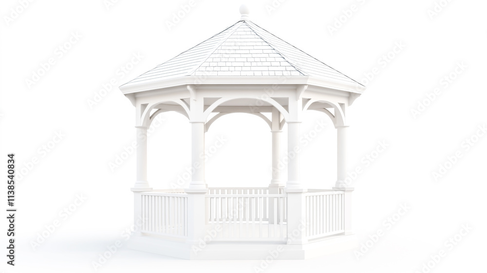 Isolated White Gazebo with Pitched Roof on Plain White Background Isolated White Gazebo with Pitched Roof on Plain White Background