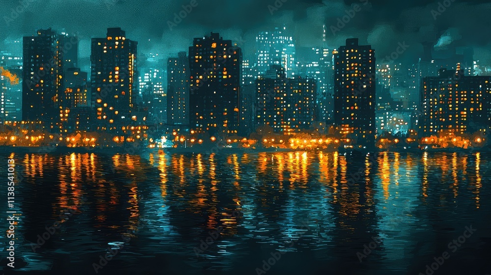 Fototapeta premium Serene Urban Nightscape Reflecting City Lights on Water with a Mystical Atmosphere and Dramatic Cloudy Sky in a Modern Metropolitan Environment