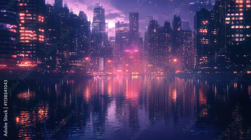 Vibrant Cityscape Reflection at Night with Colorful Lights and Neon Glow over a Calm Water Surface in a Futuristic Urban Landscape Vibrant Cityscape Reflection at Night with Colorful Lights and Neon Glow over a Calm Water Surface in a Futuristic Urban Landscape