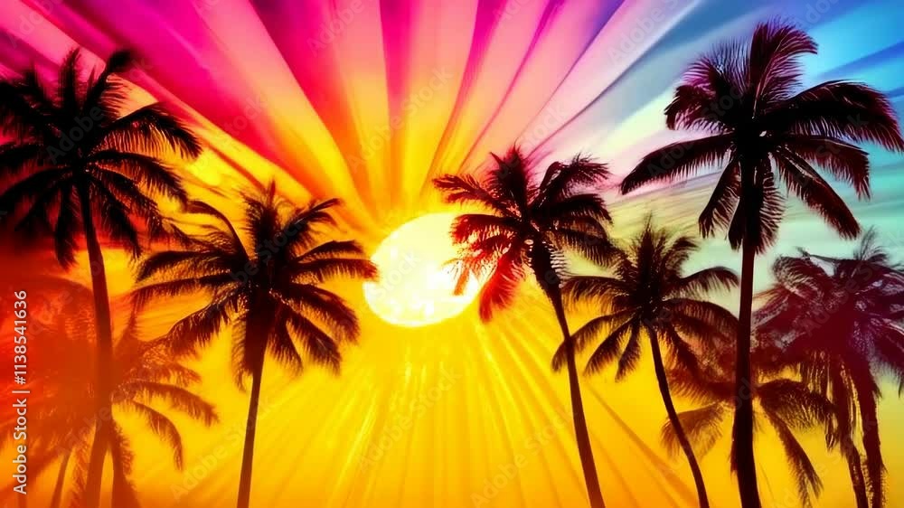 Colorful painting of a tropical scene with palm trees and a sun. The sun is in the center of the painting and the palm trees are on the left and right sides Colorful painting of a tropical scene with palm trees and a sun. The sun is in the center of the painting and the palm trees are on the left and right sides
