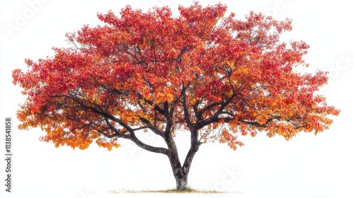 Vibrant autumn tree displaying brilliant red and orange foliage against a white background in a serene landscape