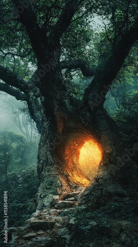 Enchanted Forest Scene Featuring Glowing Hollow Tree with Misty Background and Lush Green Foliage, Inviting Pathway Leading to a Magical Realm