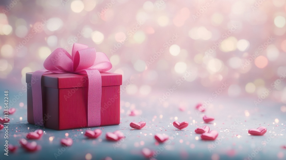 Pink gift box with heart decorations for Valentine's Day on a sparkling background, symbolizing love and romance. Pink gift box with heart decorations for Valentine's Day on a sparkling background, symbolizing love and romance.