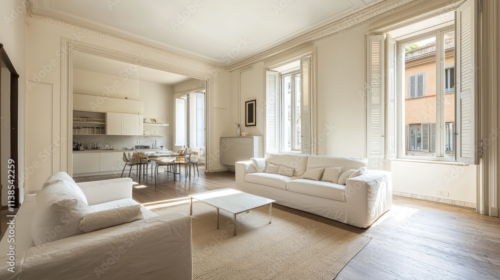 Fototapeta premium Bright and Spacious Modern Living Room with White Sofas and Large Windows Overlooking Urban View in a Contemporary Apartment Interior
