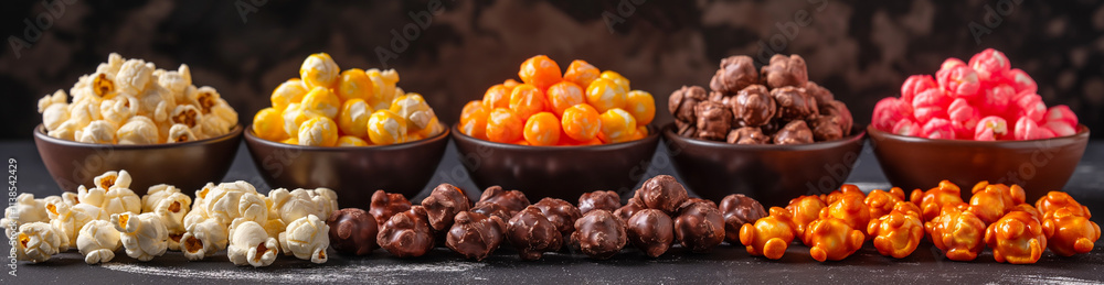 Sweet popcorn in a bowl on a wooden background. Salted caramel popcorn. Caramel sauce. Close up. Topping. Place for text. Copy space Sweet popcorn in a bowl on a wooden background. Salted caramel popcorn. Caramel sauce. Close up. Topping. Place for text. Copy space