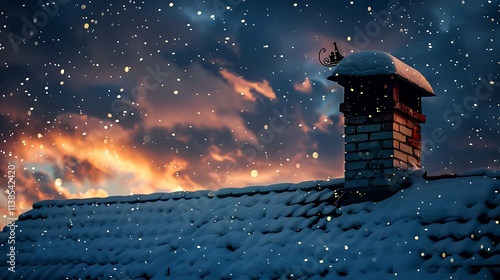 A snowy rooftop with a chimney and Santaa??s sleigh silhouette in the night sky photo