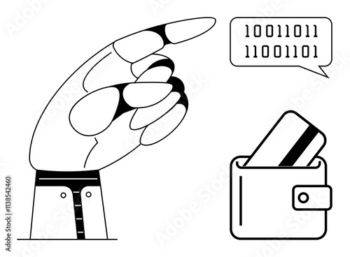 Robotic hand pointing towards a wallet containing a card with binary code in speech bubble. Ideal for technology, finance, digital payments, automation, cybersecurity, AI, fintech. Line metaphor