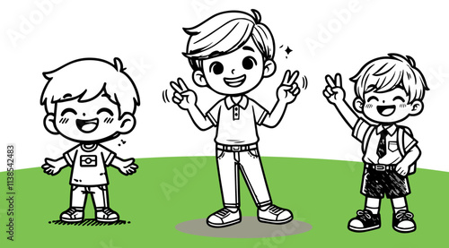 A boy is joying character illustration vector, mono color, line