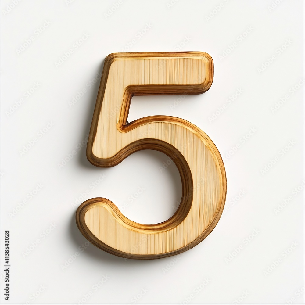 Elegant Wooden Number 5 on Minimalist White Background Elegant Wooden Number 5 on Minimalist White Background