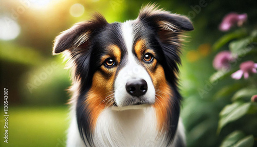 close up vibrant Border Collie with an intense gaze and neatly trimmed fur, softly blurred contemporary park or garden, soft, natural accentuating the dog s sleek coat photo