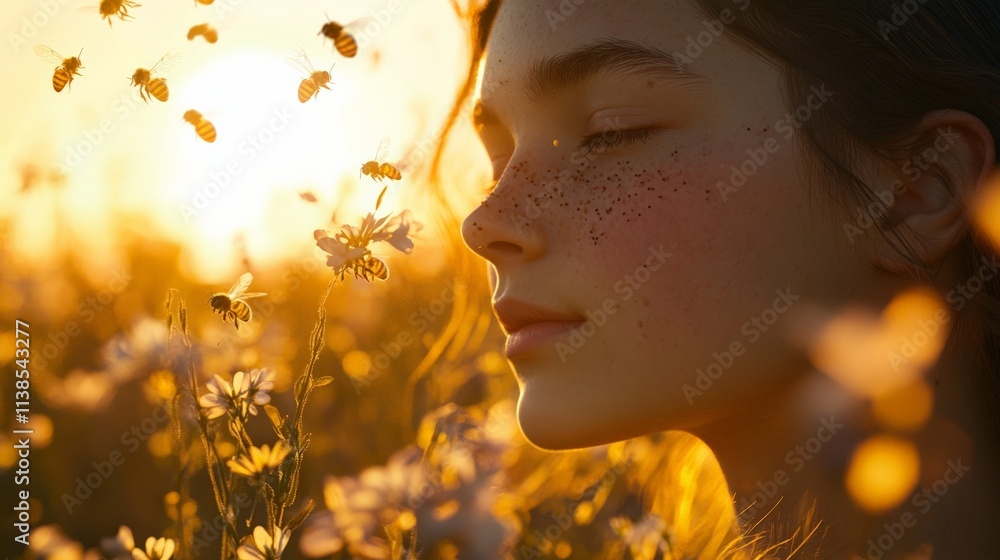 Fototapeta premium Young girl enjoying nature with flowers under golden sunset light, peaceful moment captured in a field of blooming flowers.