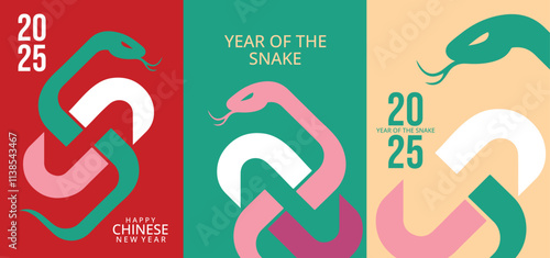 Chinese New Year 2025, year of the snake modern art design in red, green and pink colors for cover, Notebook cover, card,  brochure, postcard, poster, banner.  Happy New Year and symbol of the Snake.