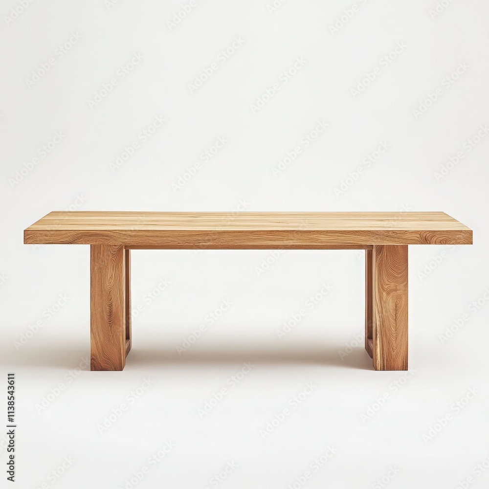 A minimalist wooden dining table with clean lines and a natural finish on a white background A minimalist wooden dining table with clean lines and a natural finish on a white background