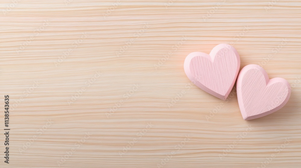 Close up of two wooden heart shapes painted in pink tones on a wooden surface with copy space, for Valentine's day themes. Close up of two wooden heart shapes painted in pink tones on a wooden surface with copy space, for Valentine's day themes.