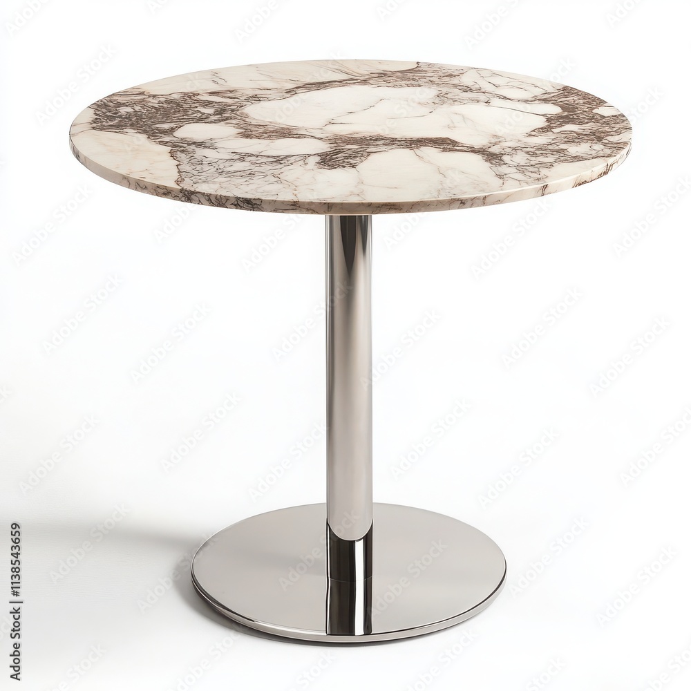 A modern round marble table with a polished surface and a slim metal base on a white background A modern round marble table with a polished surface and a slim metal base on a white background