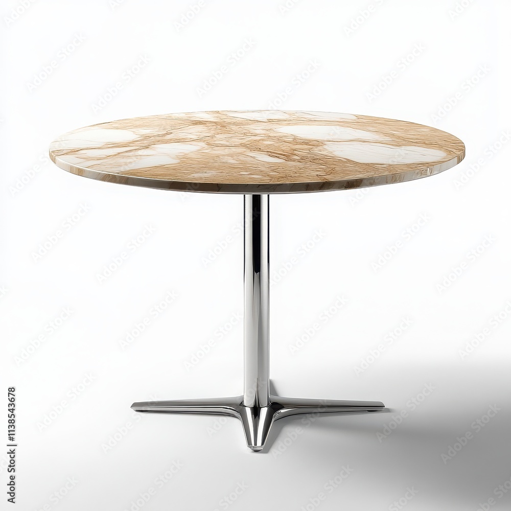 A modern round marble table with a polished surface and a slim metal base on a white background A modern round marble table with a polished surface and a slim metal base on a white background