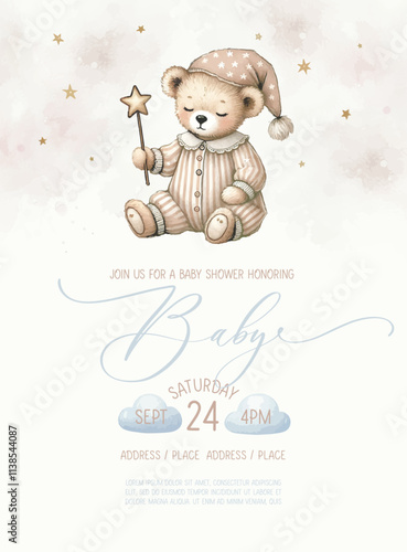 Cute baby shower watercolor invitation card with sleeping bear.