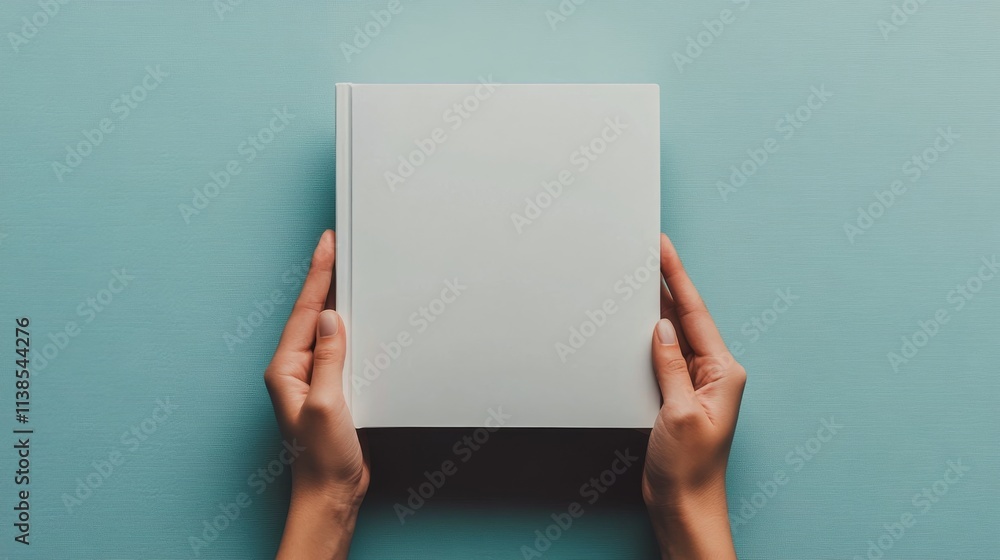 Hands holding a blank book against a turquoise background in a serene setting Hands holding a blank book against a turquoise background in a serene setting
