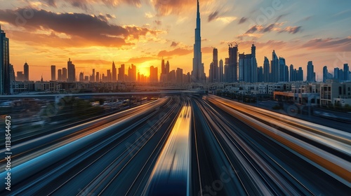 A high-speed train in motion, with a stunning city skyline in the background, illuminated by the golden light of sunset