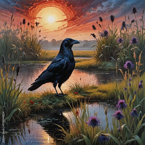 An illustration of a black raven at night with red colors giving an ominous vibe.