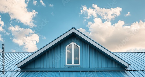 Roof of a blue house under a bright sky with scattered clouds during midday