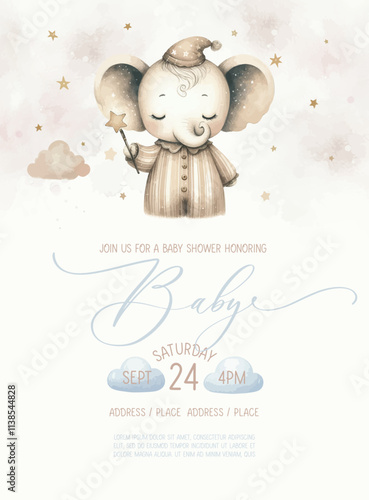 Cute baby shower watercolor invitation card with sleeping elephant.