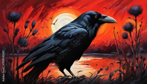 An illustration of a black raven at night with red colors giving an ominous vibe.