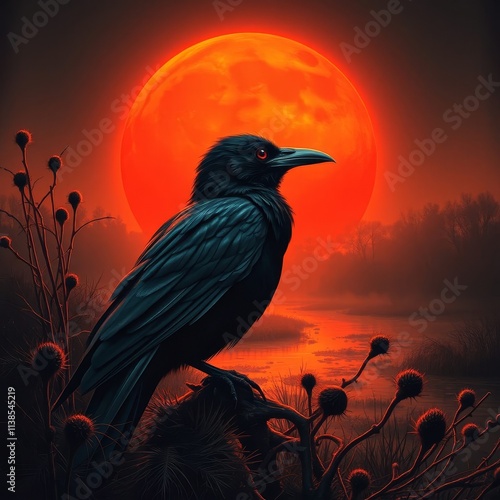 An illustration of a black raven at night with red colors giving an ominous vibe.