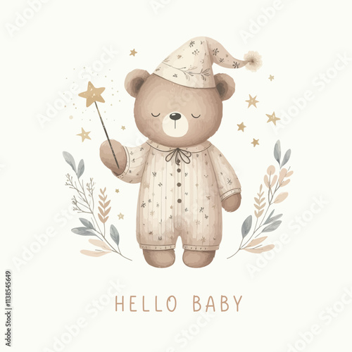 Cute baby shower watercolor invitation card with sleeping bear.